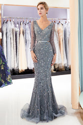 Grey Long Mermaid V-neck Tulle Evening Dresses with Sleeves-27dress